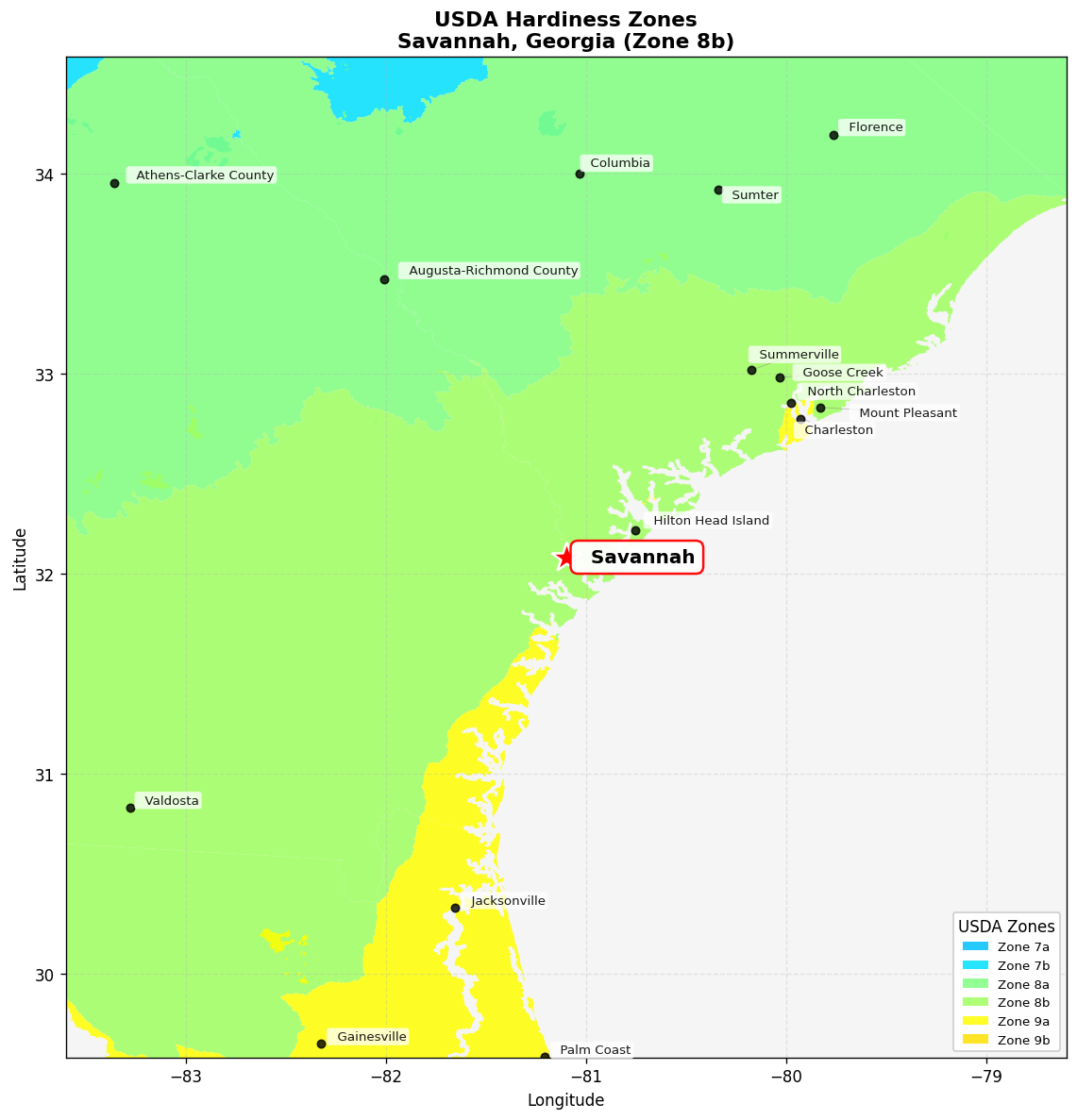 USDA Hardiness Zone 8b Map for Savannah, GA