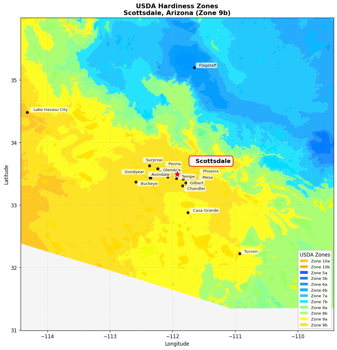 USDA Hardiness Zone 9b Map for Scottsdale, AZ