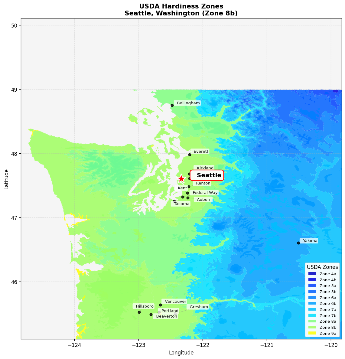 USDA Hardiness Zone Map for Seattle, WA