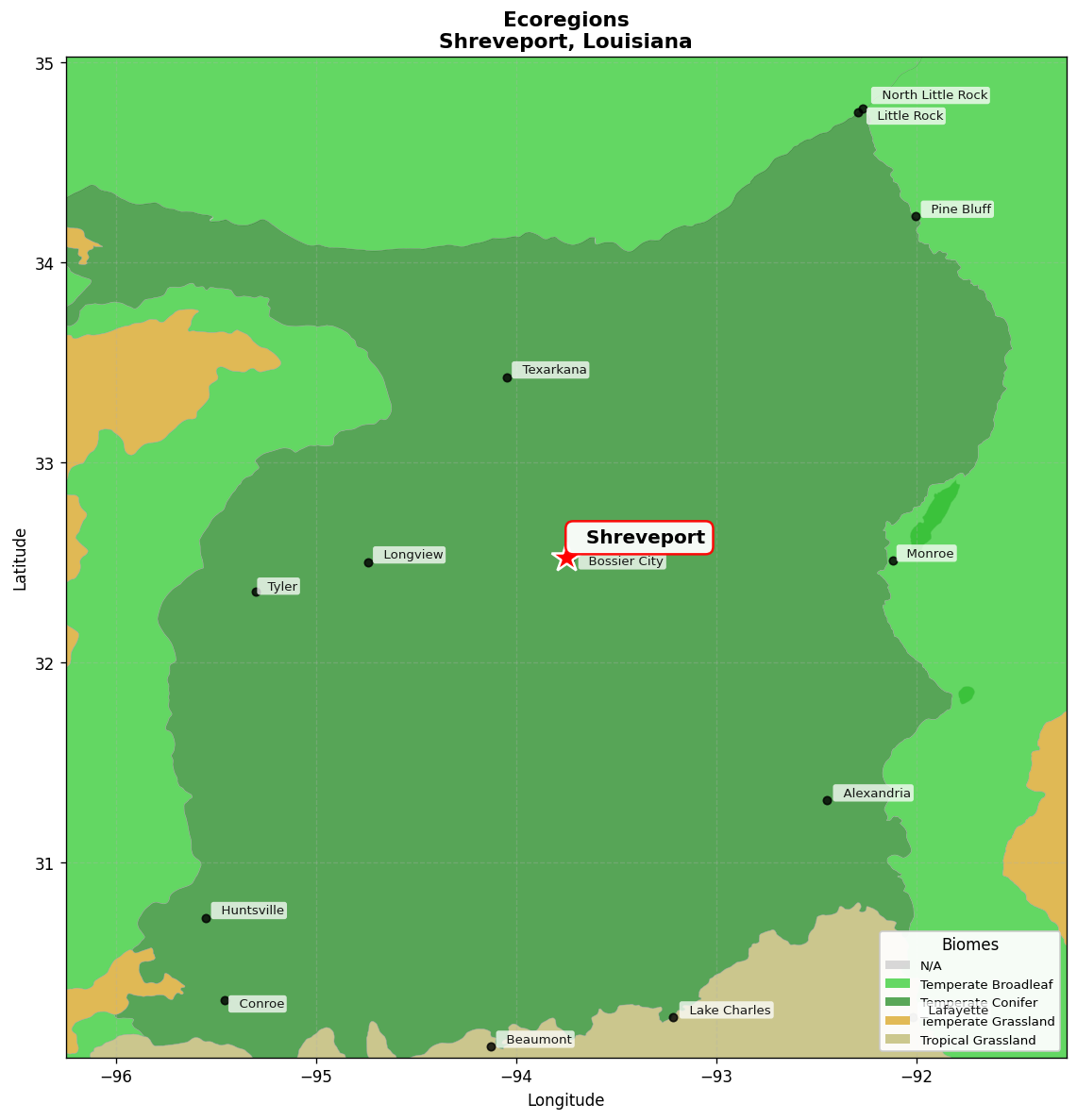 Piney Woods Ecoregion Map for Shreveport, LA