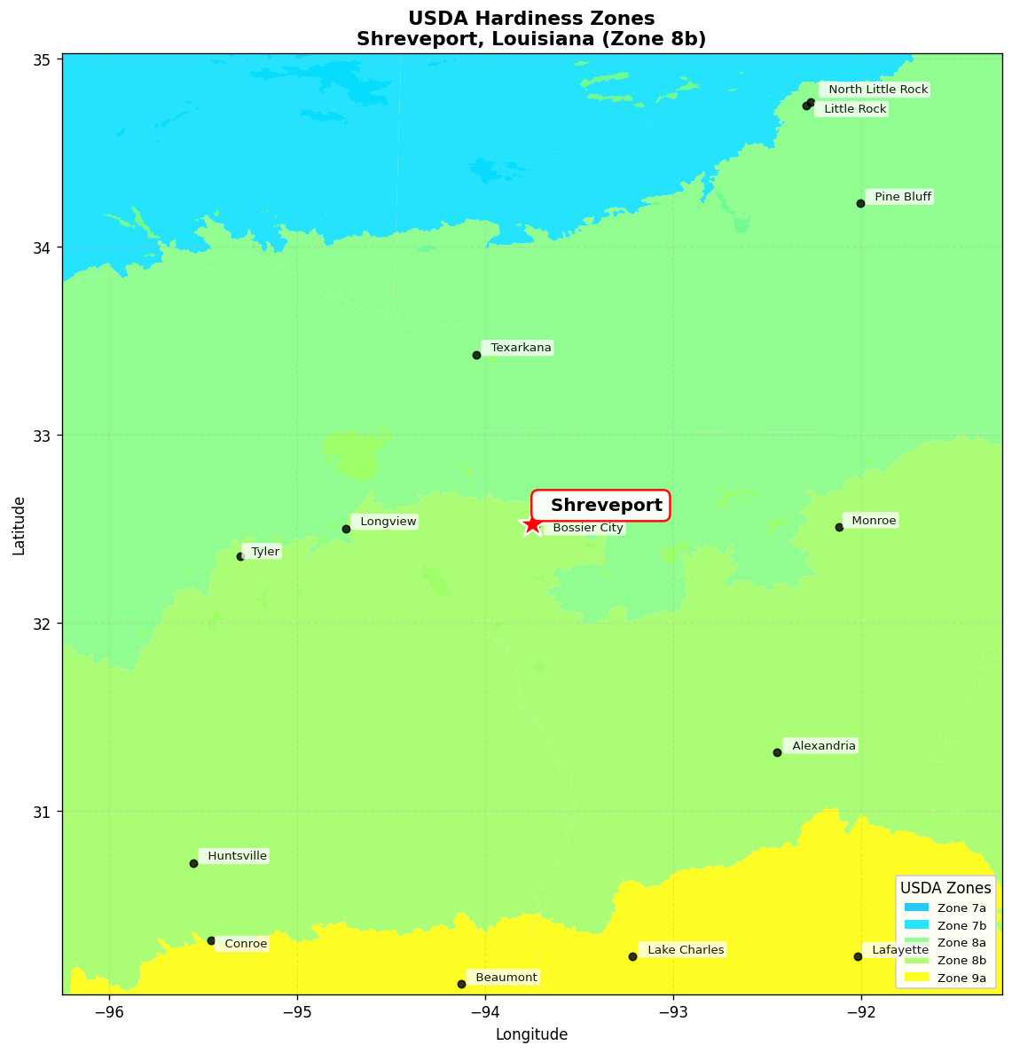 USDA Hardiness Zone 8b Map for Shreveport, LA
