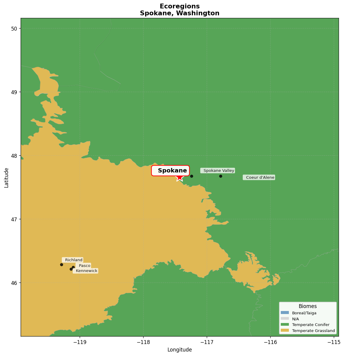 Northern Rockies conifer forests Ecoregion Map for Spokane, WA