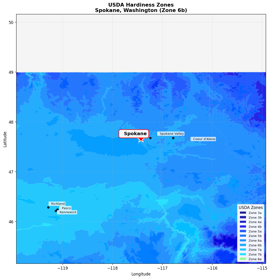 USDA Hardiness Zone 6b Map for Spokane, WA