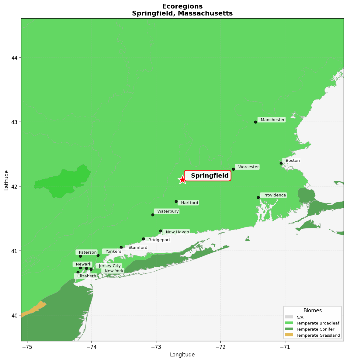 Northeast US Coastal forests Ecoregion Map for Springfield, MA