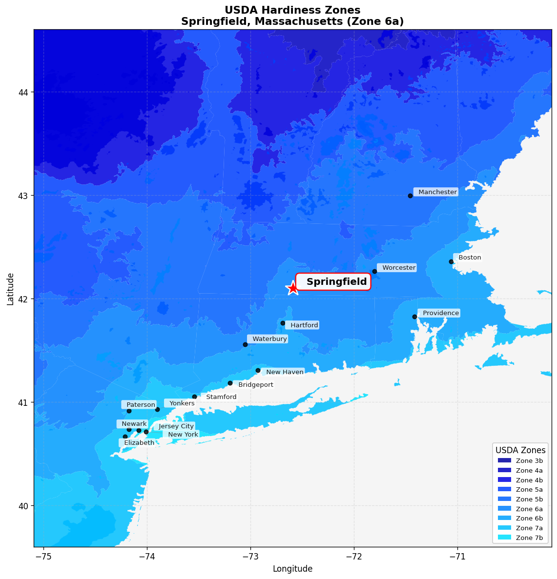 USDA Hardiness Zone 6a Map for Springfield, MA