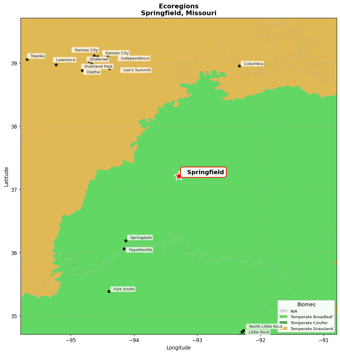 Ozark Highlands mixed forests Ecoregion Map for Springfield, MO