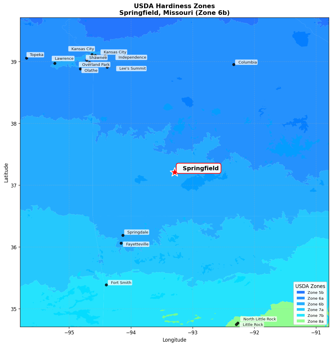 USDA Hardiness Zone 6b Map for Springfield, MO
