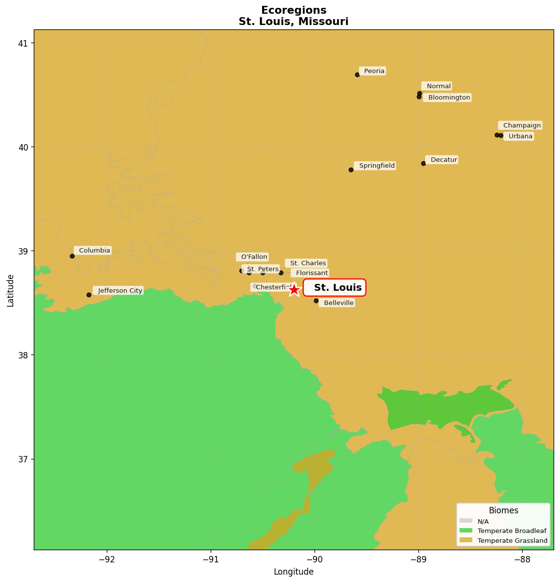 Central US forest-grasslands transition Ecoregion Map for St. Louis, MO