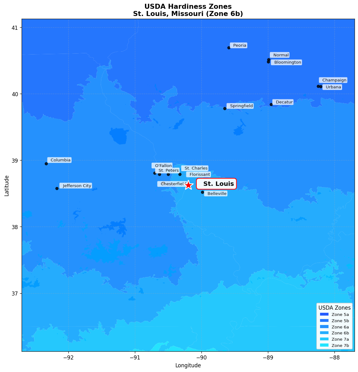 USDA Hardiness Zone 6b Map for St. Louis, MO