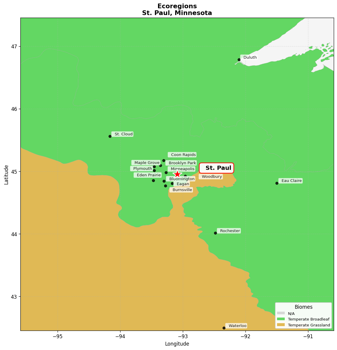 Upper Midwest US forest-savanna transition Ecoregion Map for St. Paul, MN