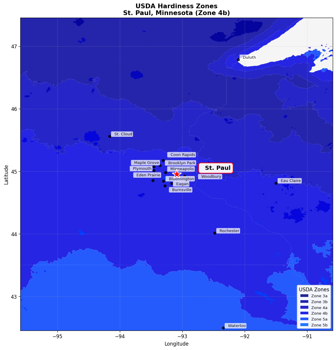 USDA Hardiness Zone 4b Map for St. Paul, MN
