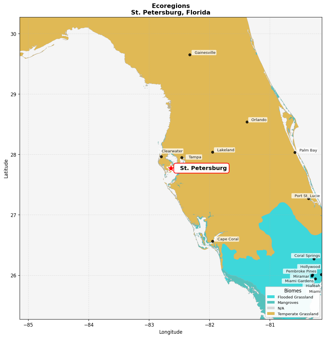 Southeast US conifer savannas Ecoregion Map for St. Petersburg, FL