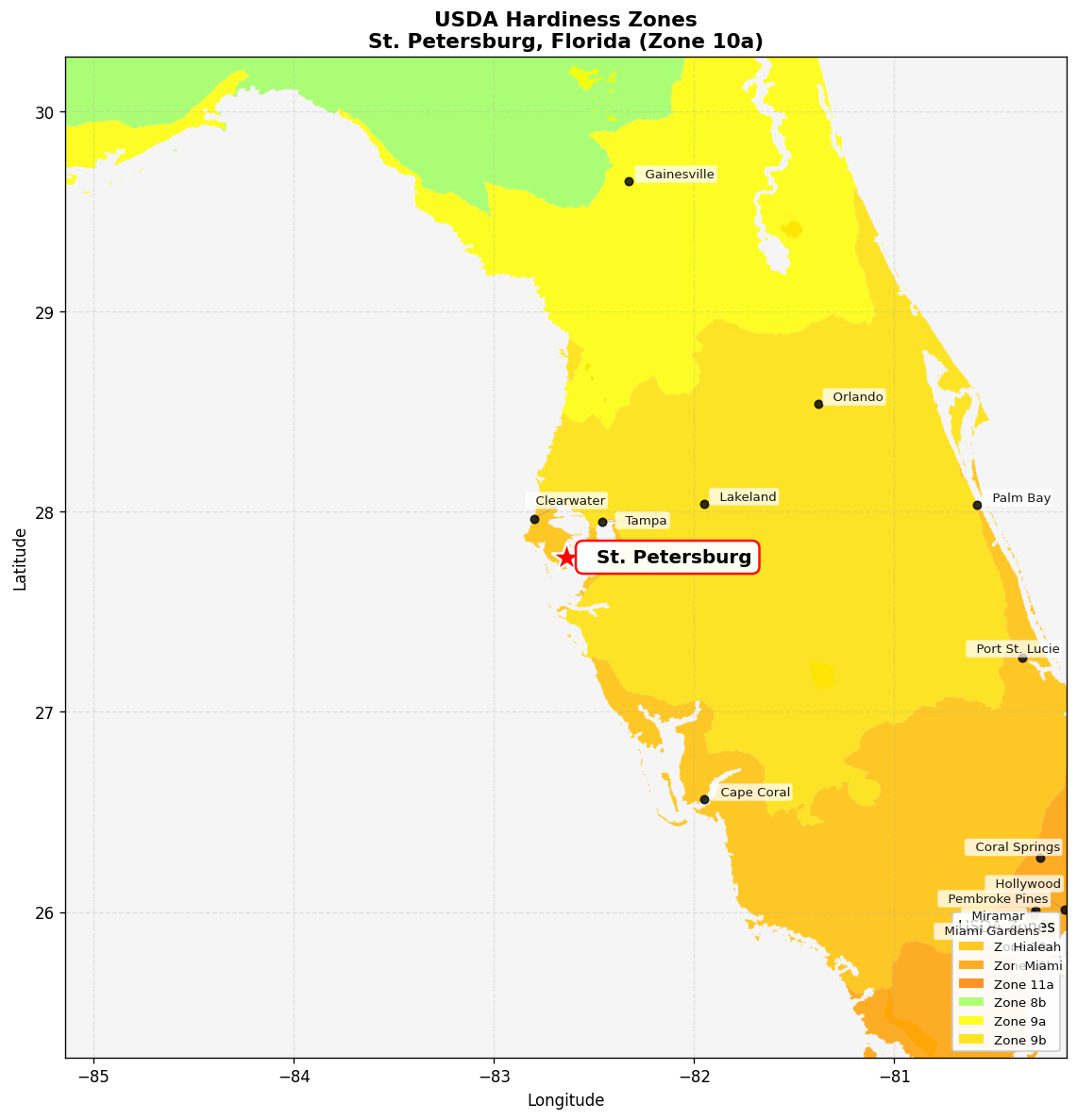 USDA Hardiness Zone 10a Map for St. Petersburg, FL