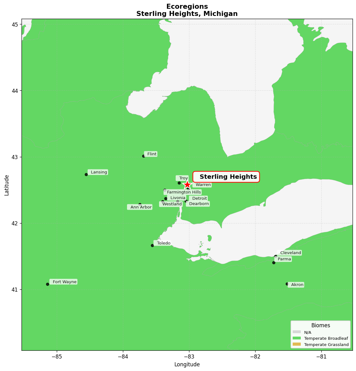 Southern Great Lakes forests Ecoregion Map for Sterling Heights, MI