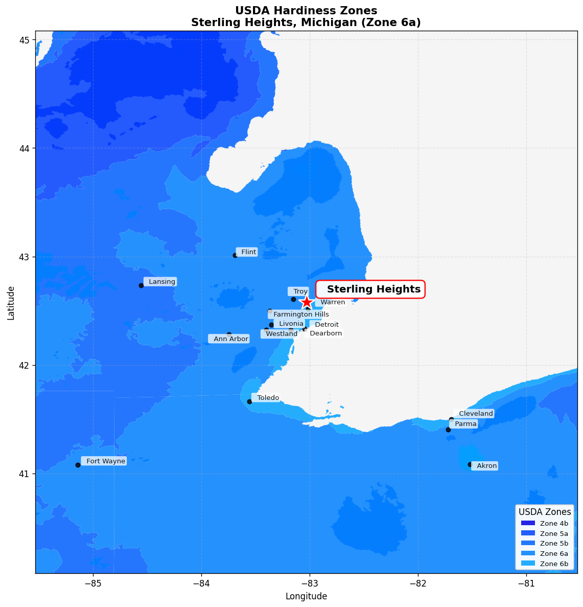 USDA Hardiness Zone 6a Map for Sterling Heights, MI