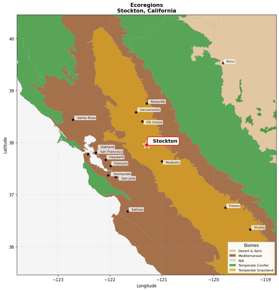 California Central Valley grasslands Ecoregion Map for Stockton, CA