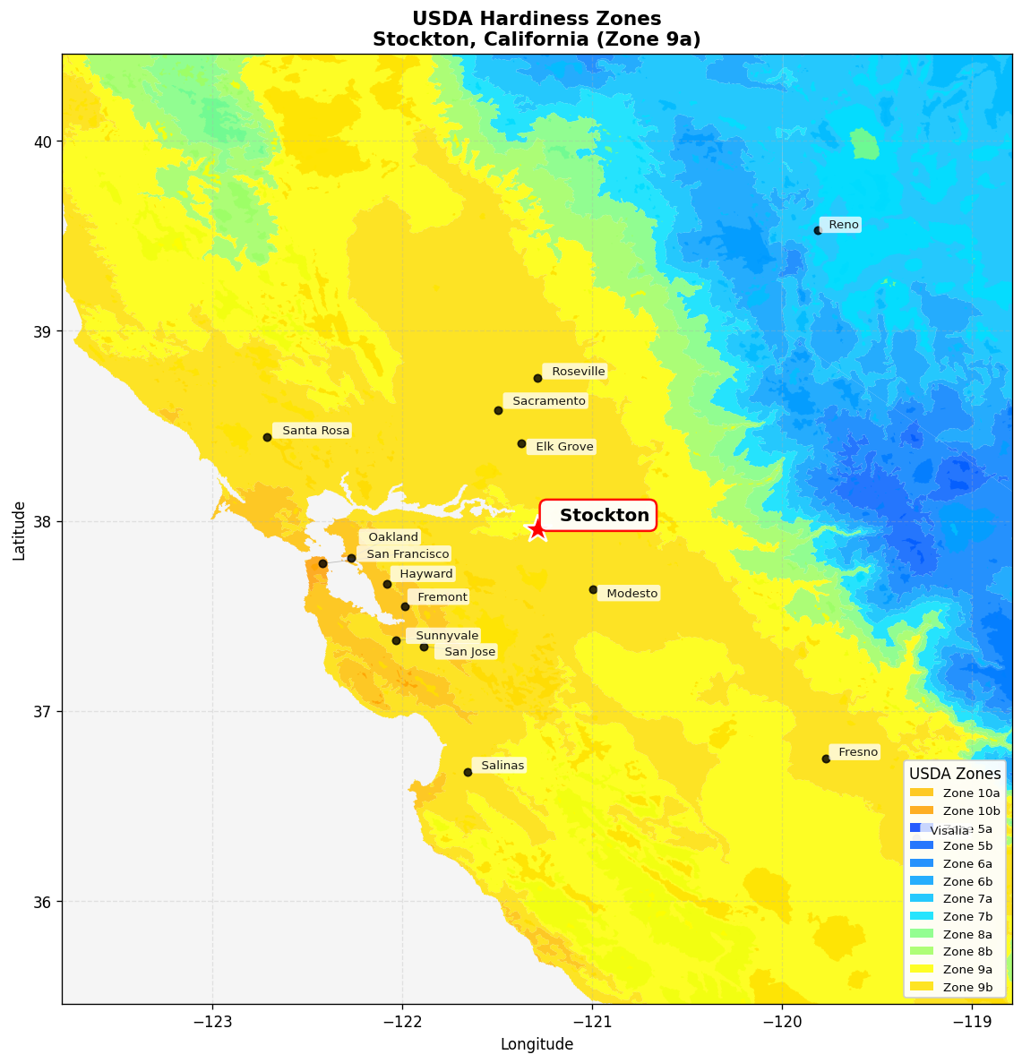 USDA Hardiness Zone 9a Map for Stockton, CA