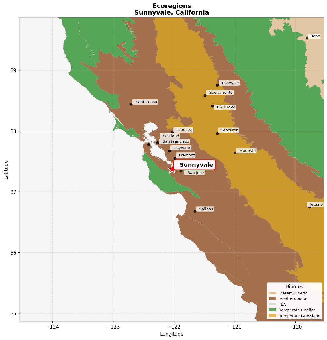 California interior chaparral and woodlands Ecoregion Map for Sunnyvale, CA