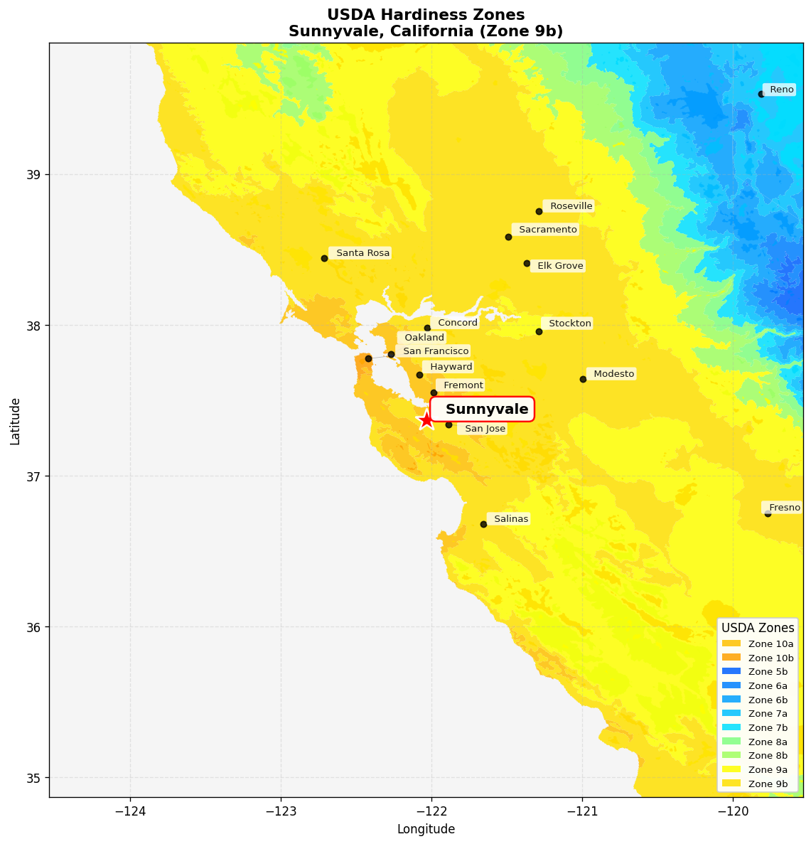 USDA Hardiness Zone 9b Map for Sunnyvale, CA