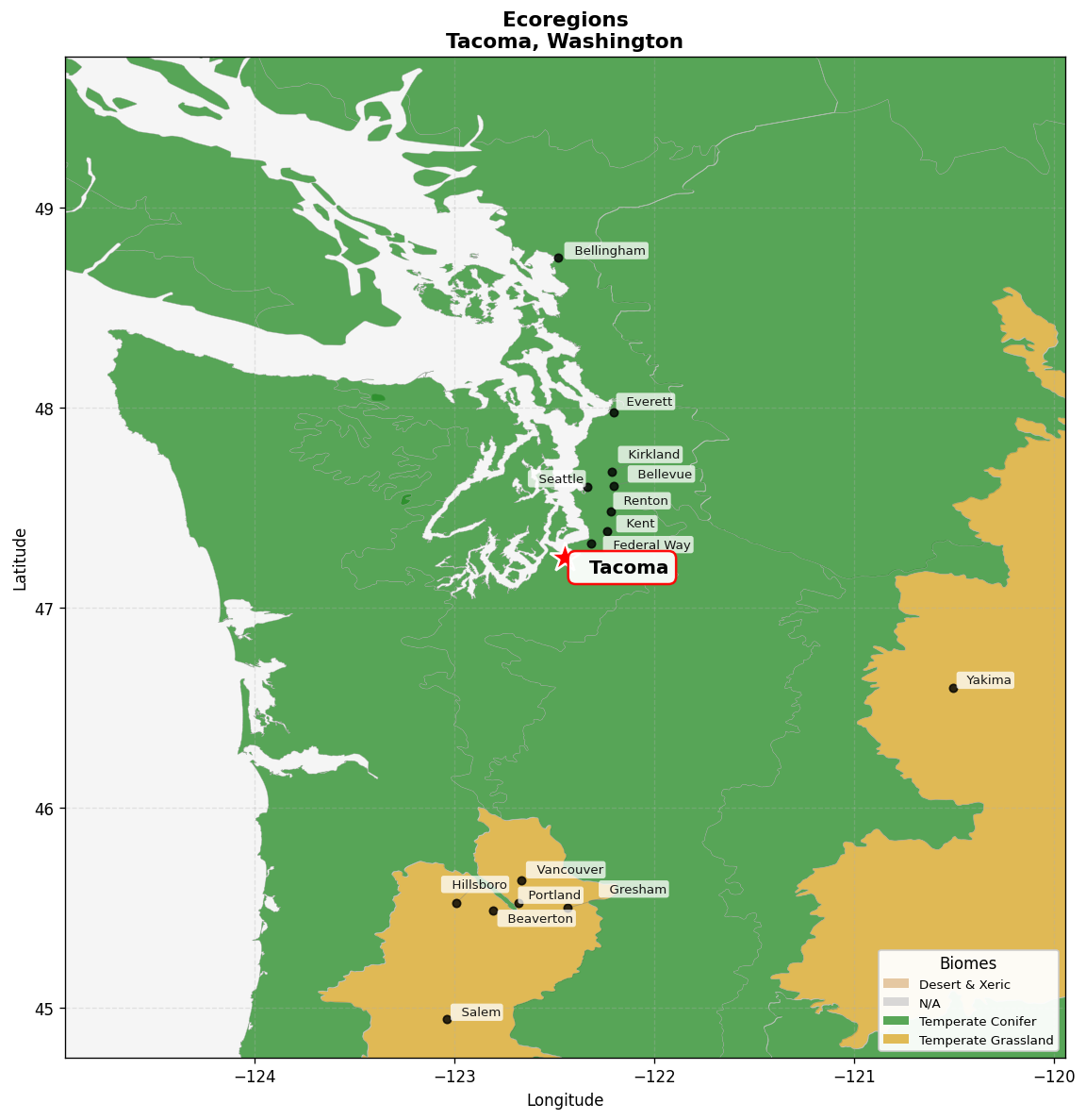 Puget lowland forests Ecoregion Map for Tacoma, WA