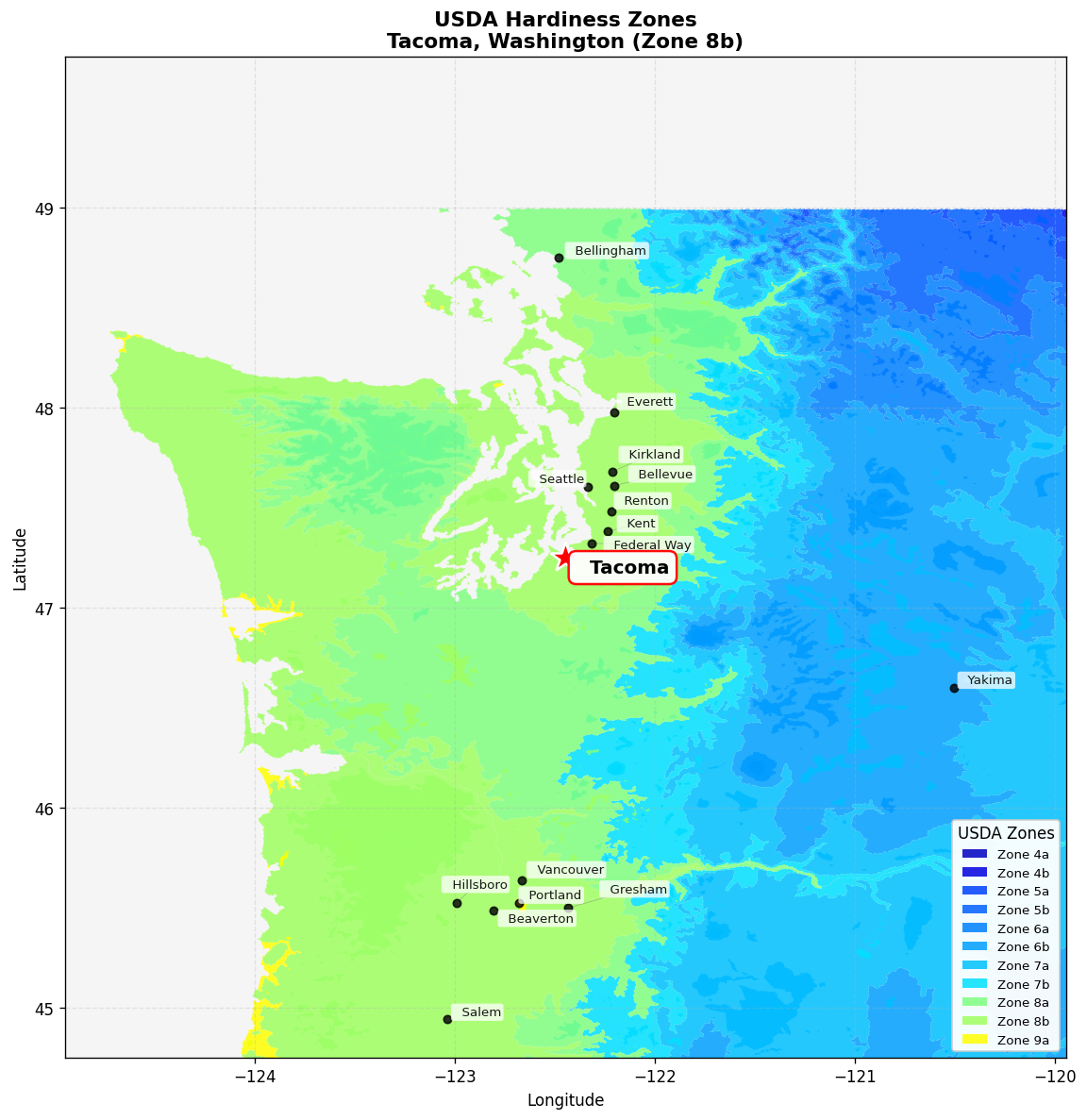 USDA Hardiness Zone 8b Map for Tacoma, WA