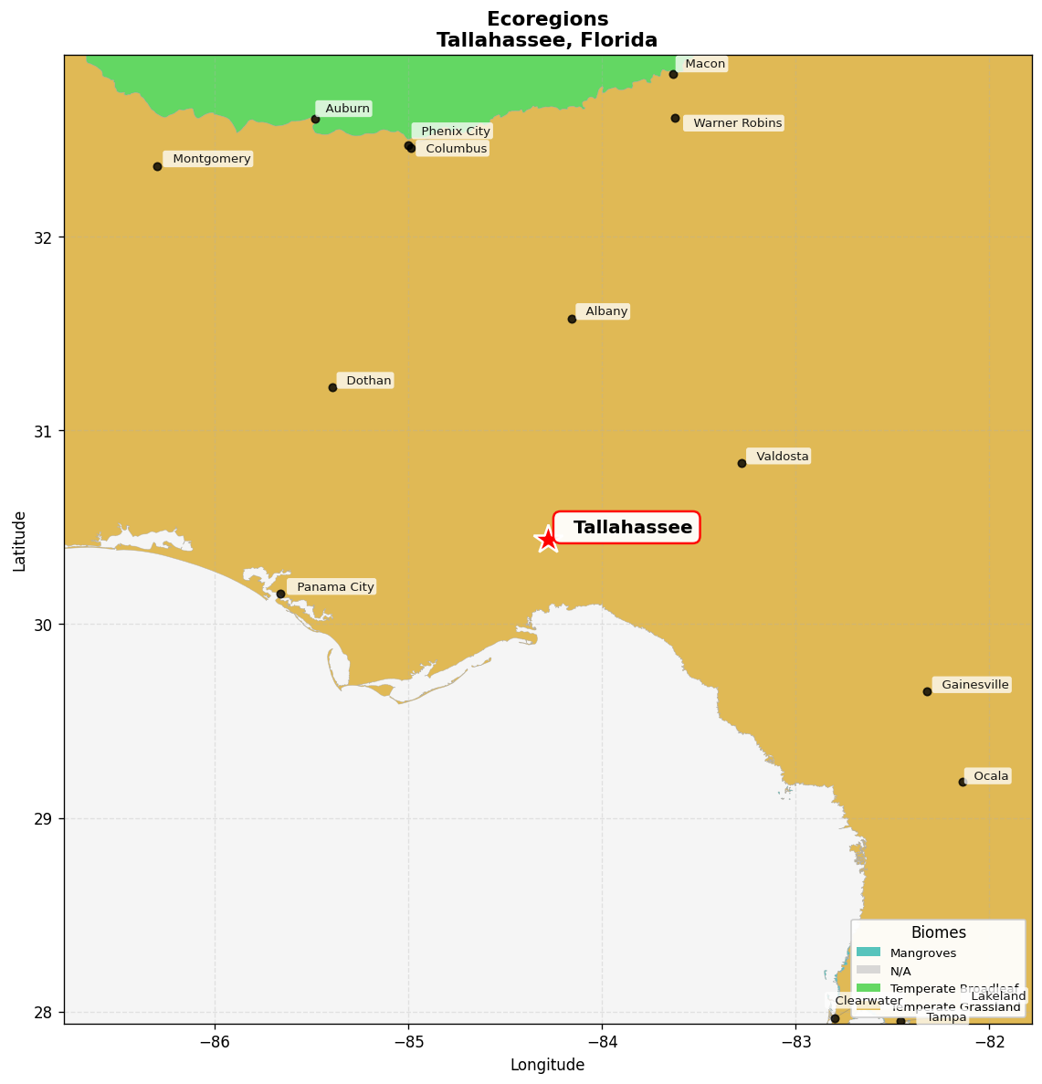 Southeast US conifer savannas Ecoregion Map for Tallahassee, FL