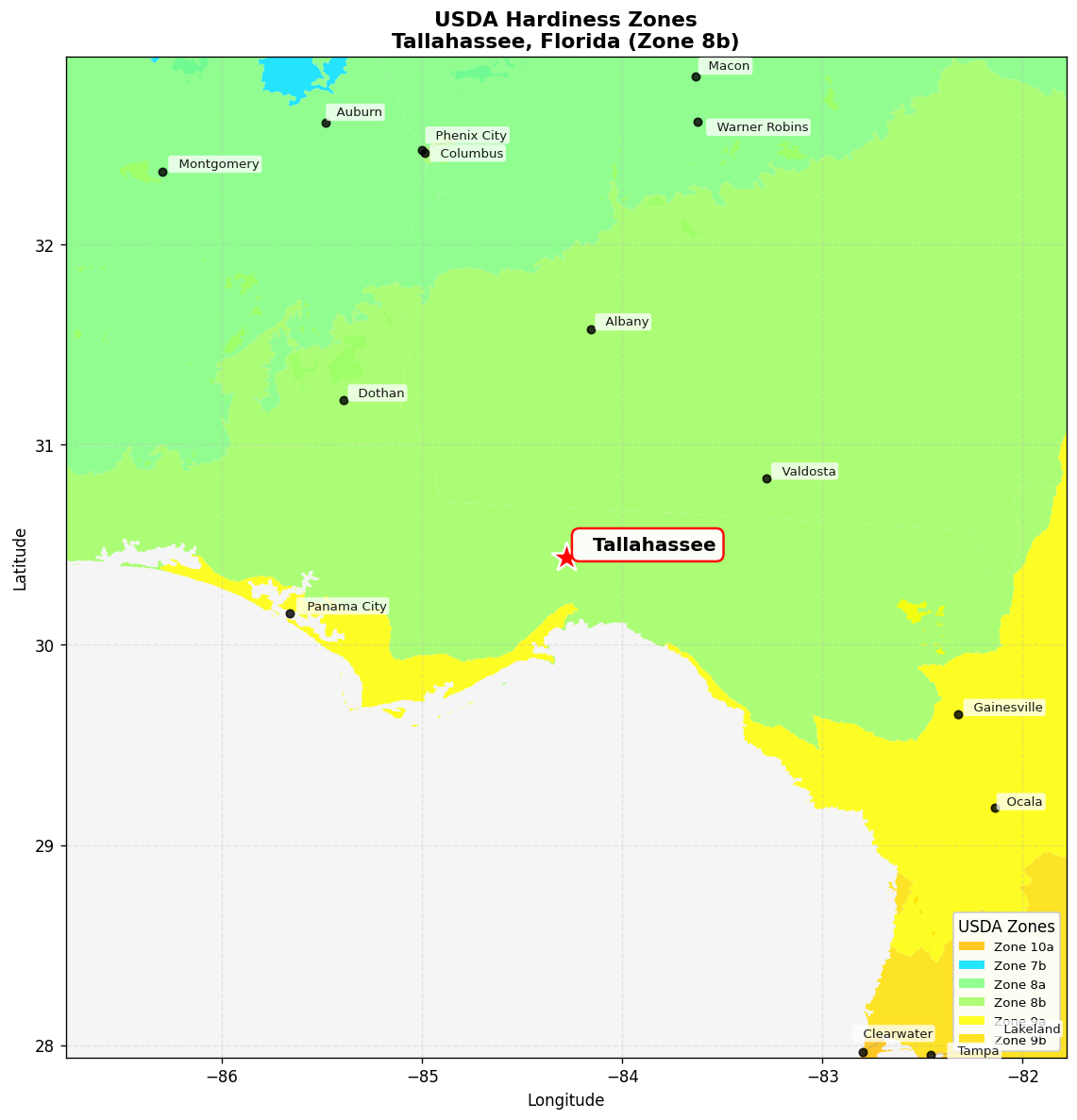 USDA Hardiness Zone 8b Map for Tallahassee, FL