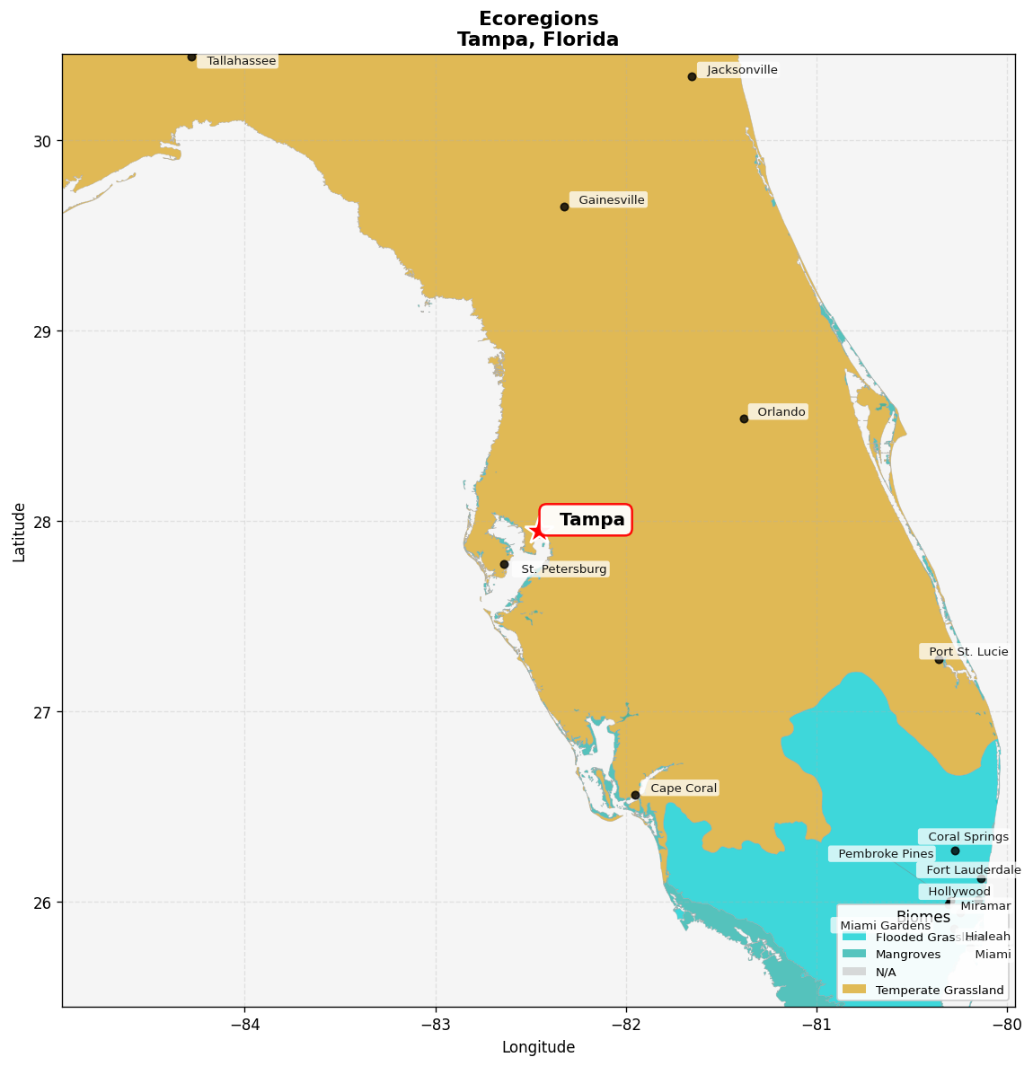 Southeast US conifer savannas Ecoregion Map for Tampa, FL