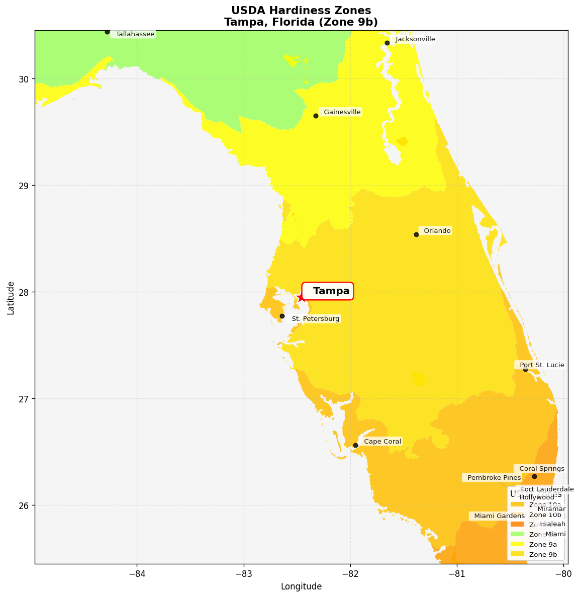USDA Hardiness Zone 9b Map for Tampa, FL