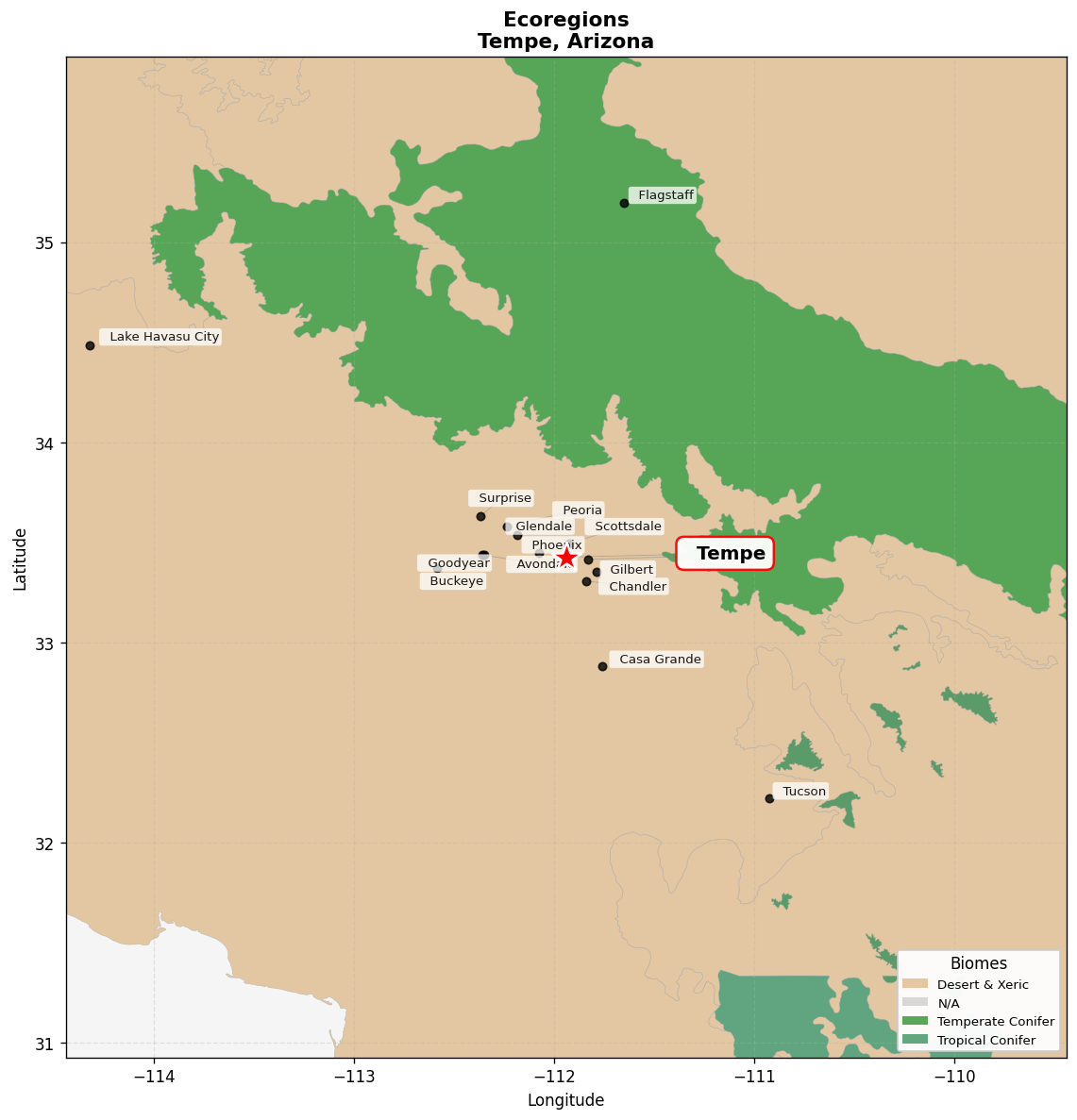 Sonoran desert Ecoregion Map for Tempe, AZ