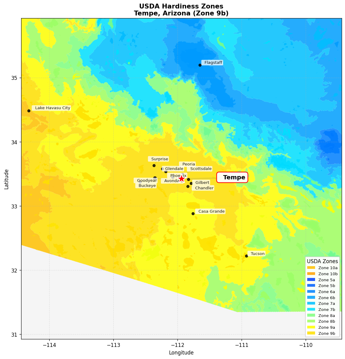 USDA Hardiness Zone 9b Map for Tempe, AZ