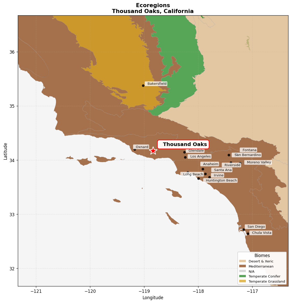 California coastal sage and chaparral Ecoregion Map for Thousand Oaks, CA