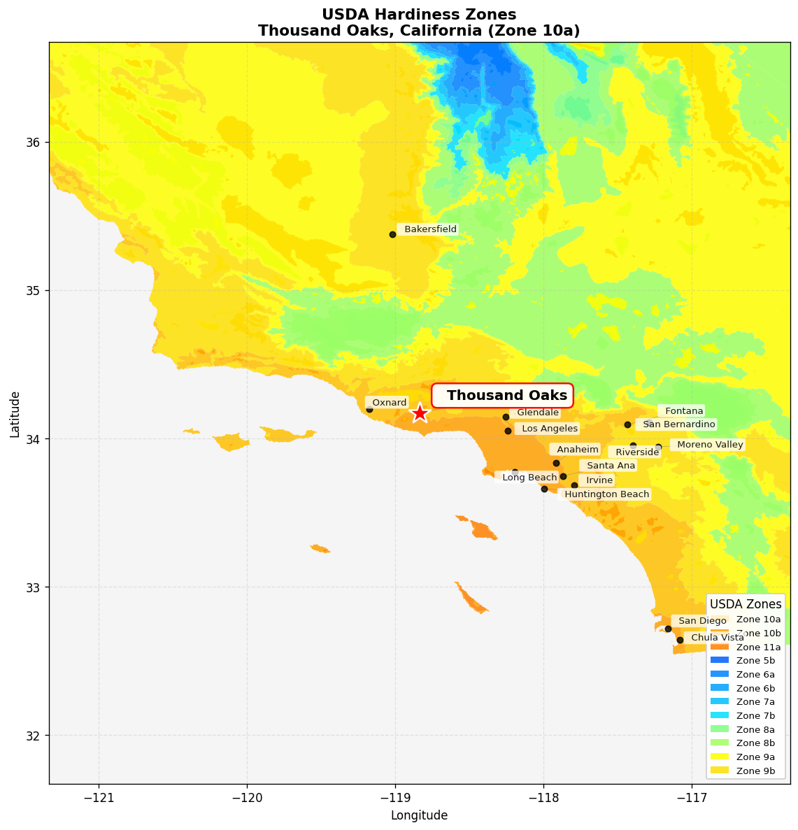 USDA Hardiness Zone 10a Map for Thousand Oaks, CA