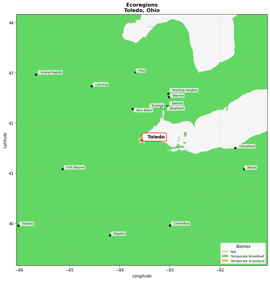 Southern Great Lakes forests Ecoregion Map for Toledo, OH