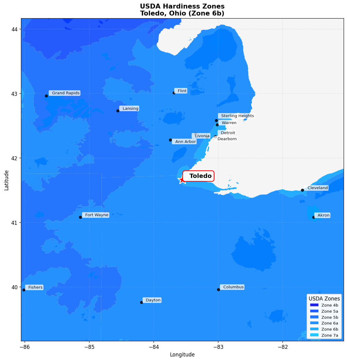 USDA Hardiness Zone 6b Map for Toledo, OH
