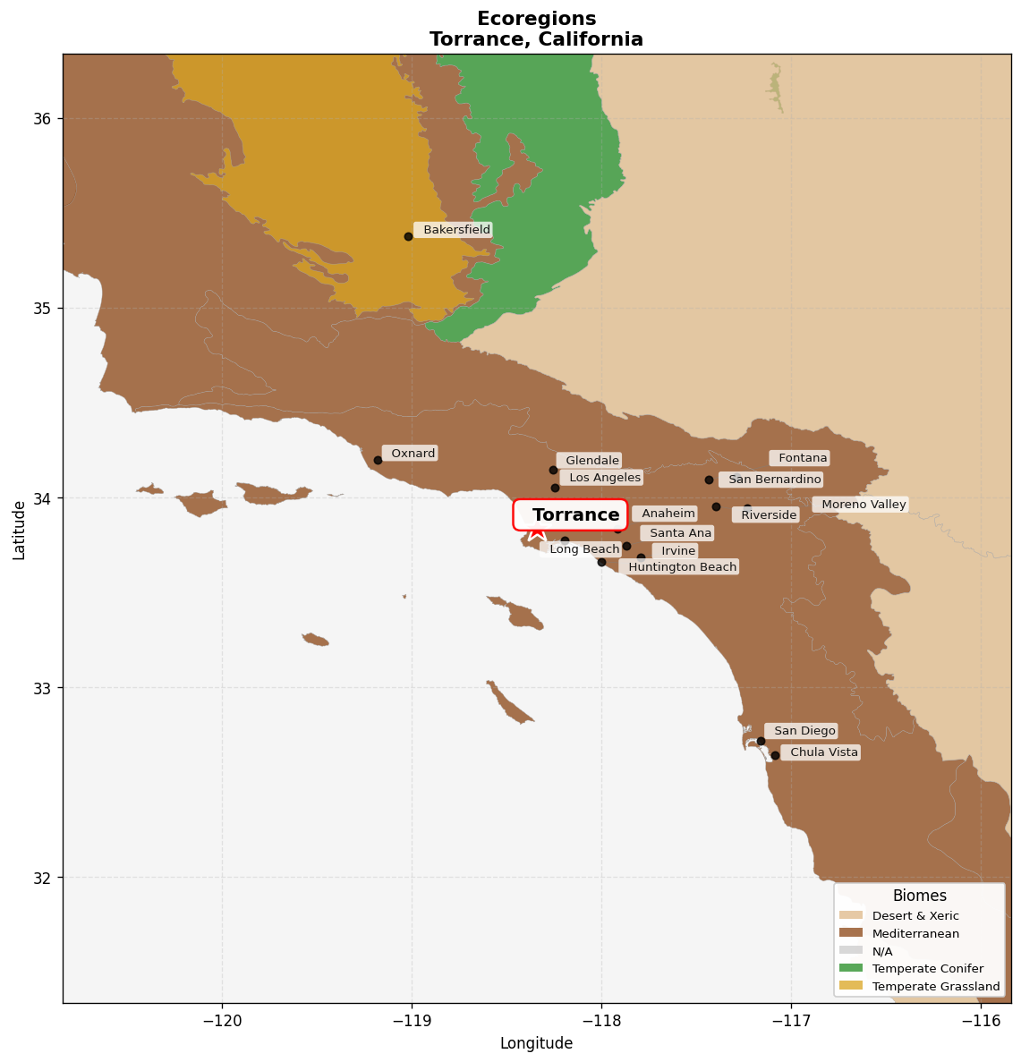 California coastal sage and chaparral Ecoregion Map for Torrance, CA
