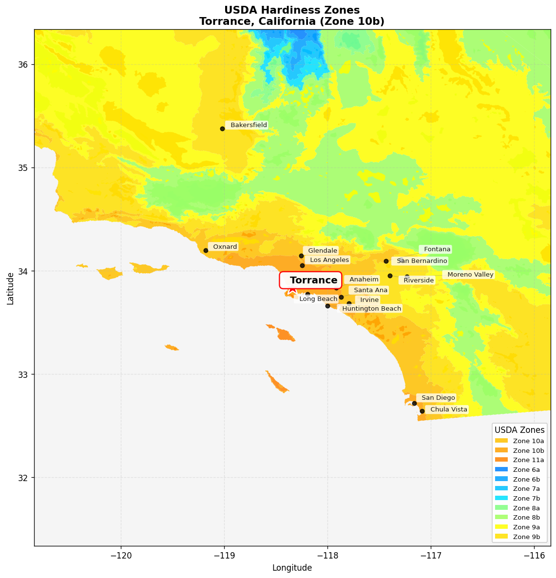 USDA Hardiness Zone 10b Map for Torrance, CA