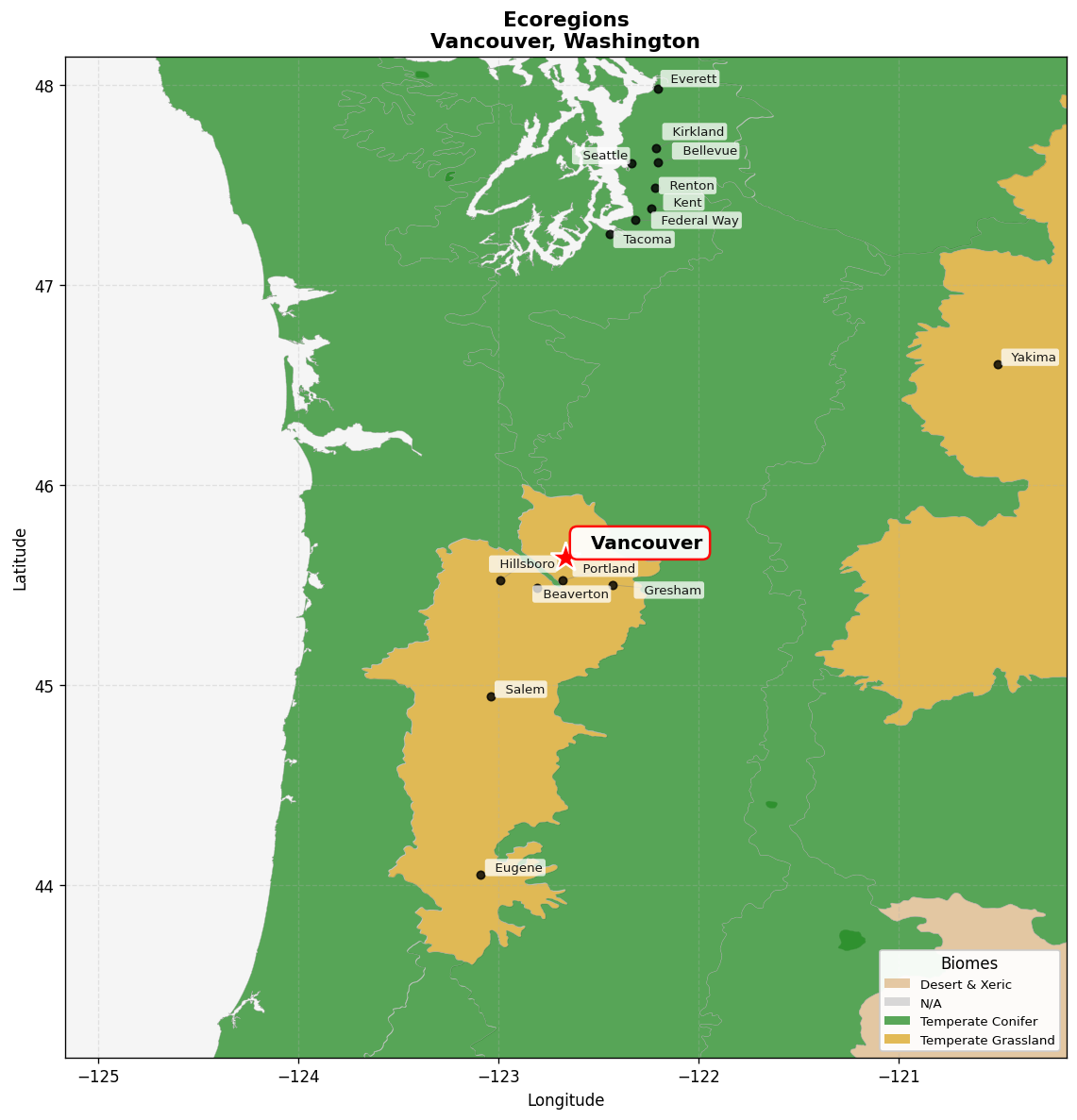 Willamette Valley oak savanna Ecoregion Map for Vancouver, WA