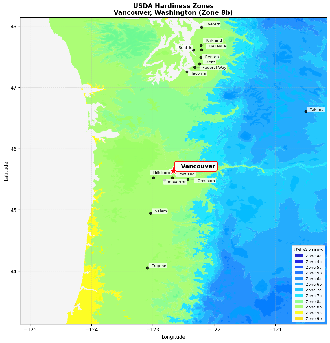 USDA Hardiness Zone 8b Map for Vancouver, WA