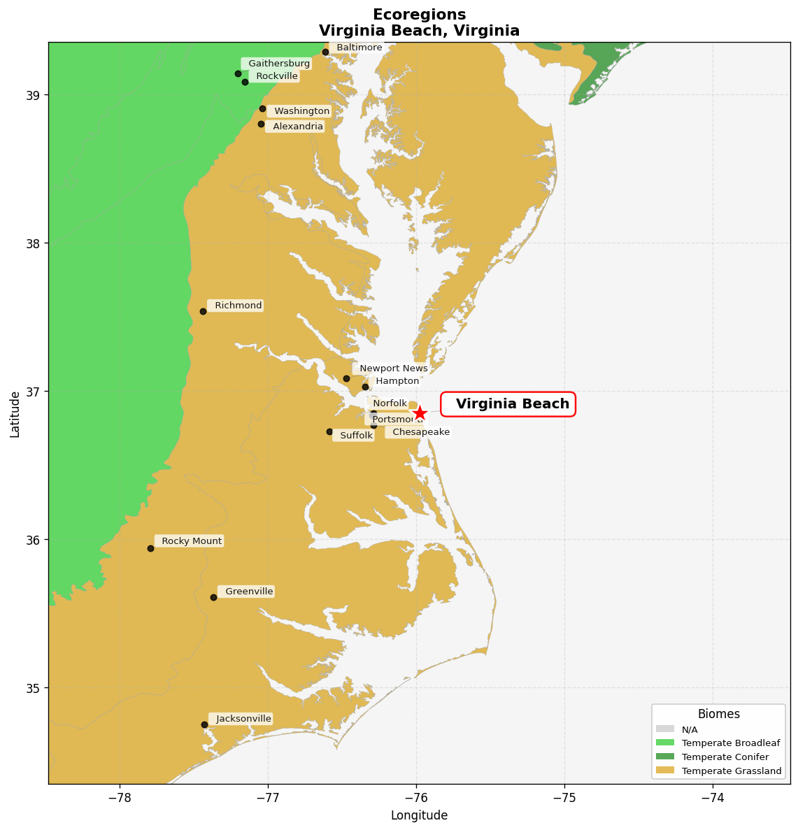 Ecoregion Map for Virginia Beach, VA