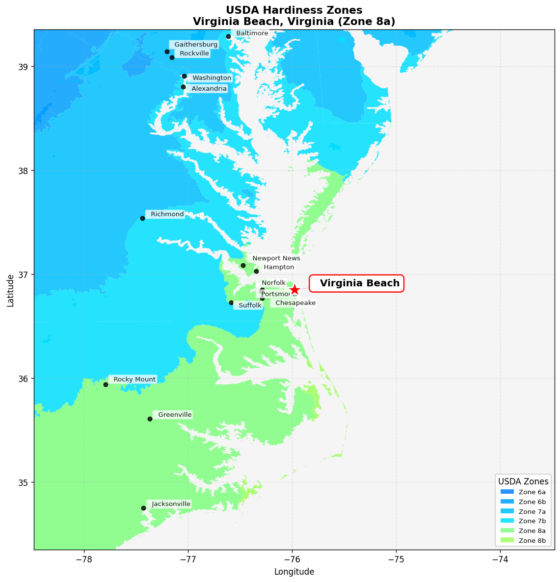 USDA Hardiness Zone Map for Virginia Beach, VA