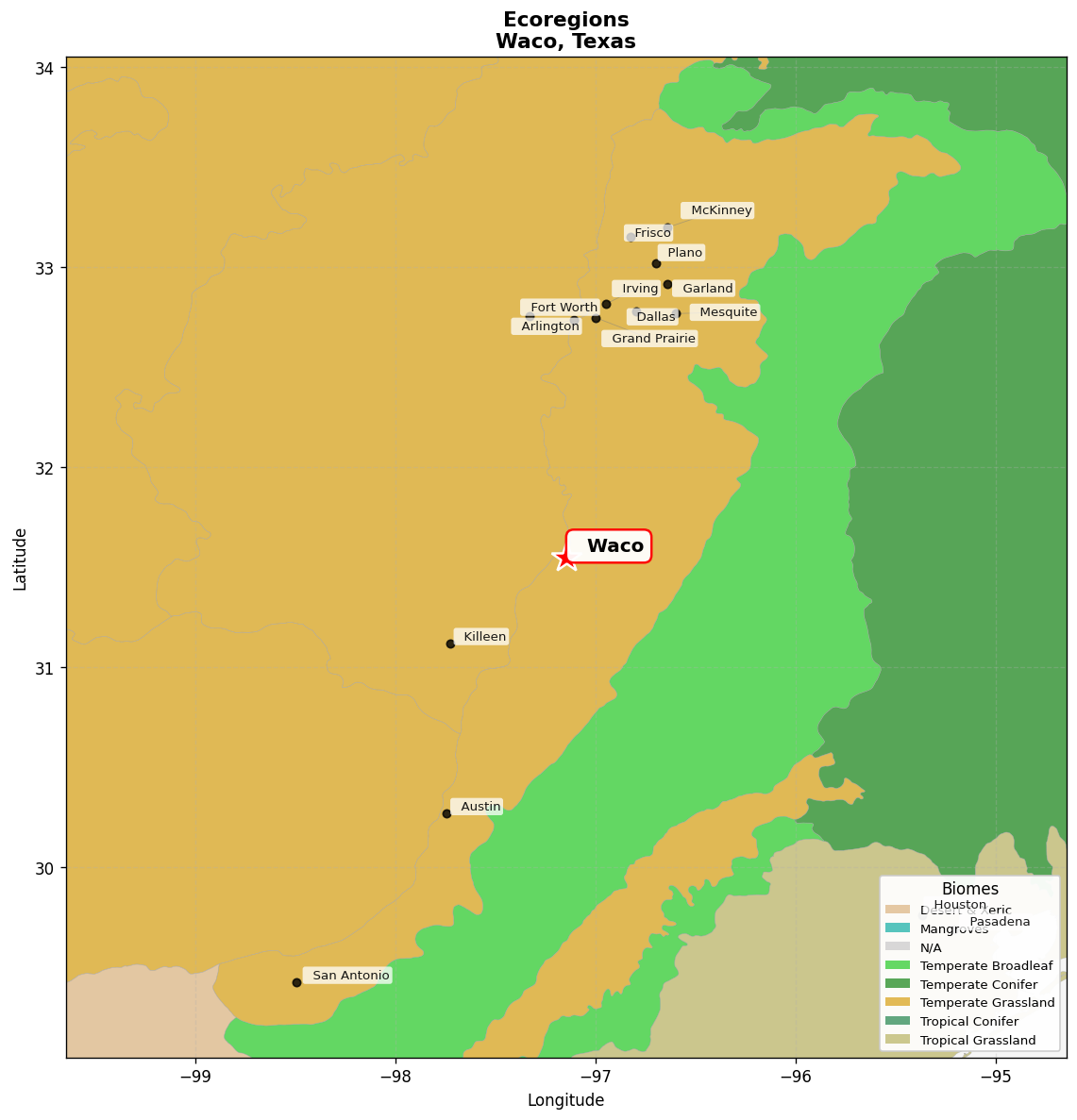 Texas blackland prairies Ecoregion Map for Waco, TX