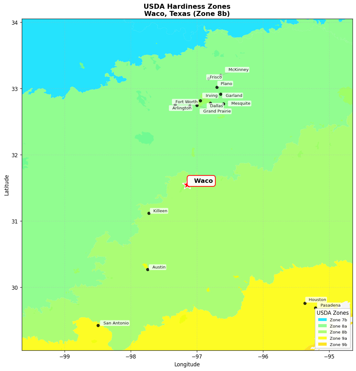 USDA Hardiness Zone 8b Map for Waco, TX