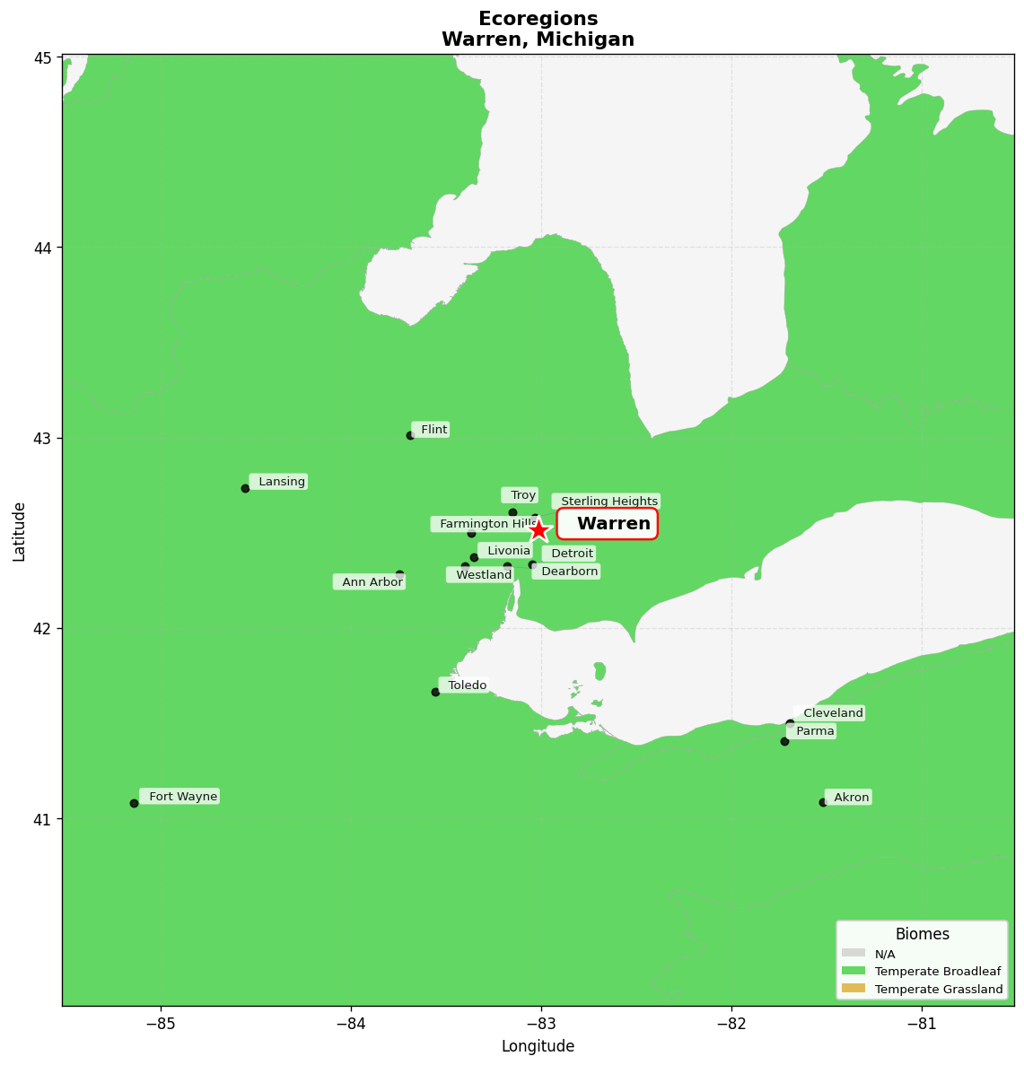 Southern Great Lakes forests Ecoregion Map for Warren, MI