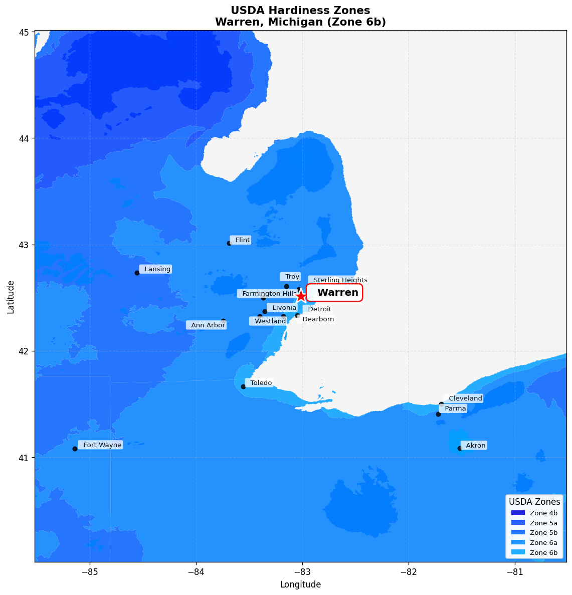 USDA Hardiness Zone 6b Map for Warren, MI