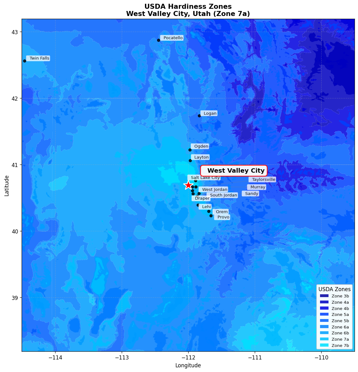 USDA Hardiness Zone 7a Map for West Valley City, UT