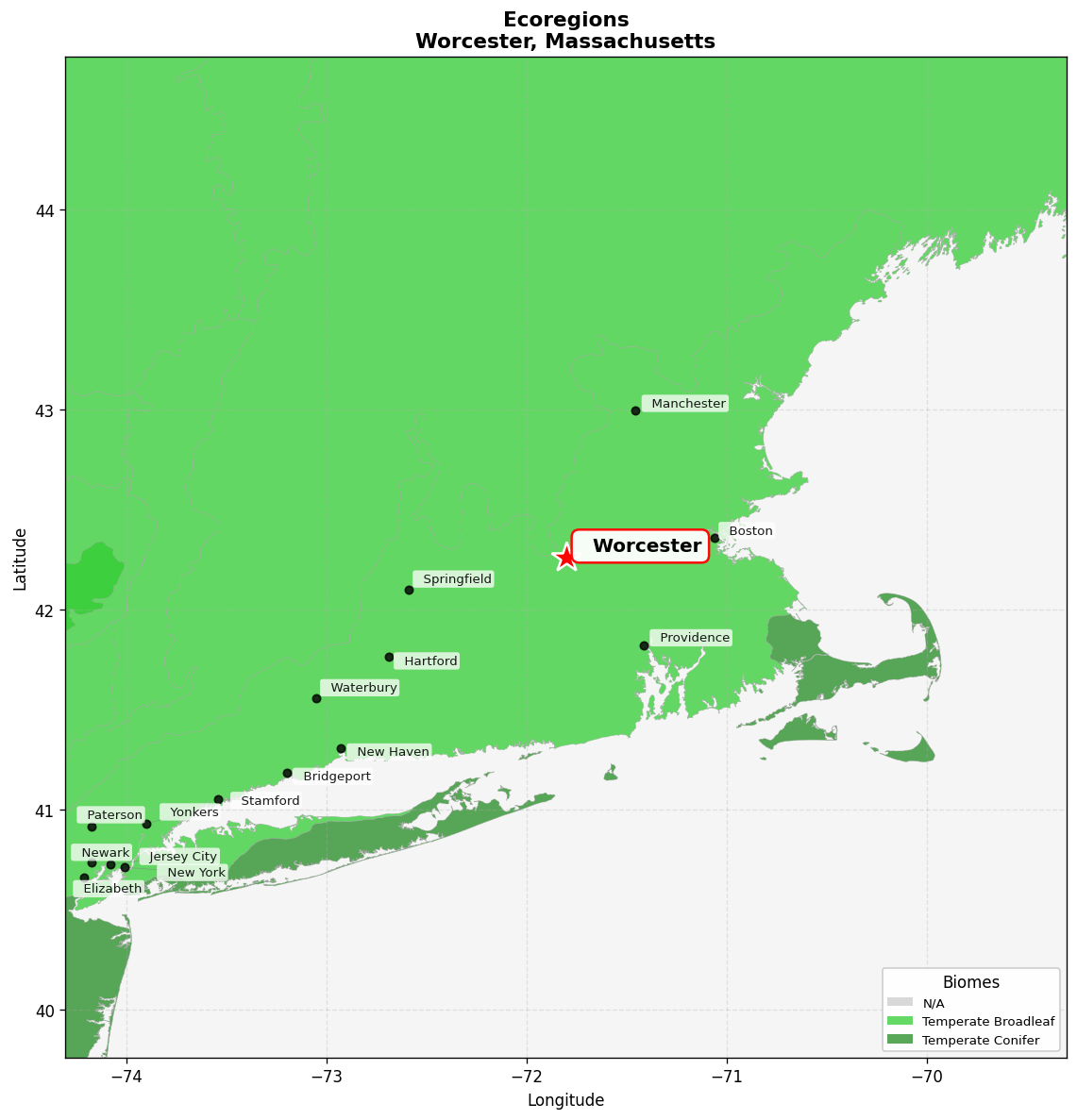 Northeast US Coastal forests Ecoregion Map for Worcester, MA