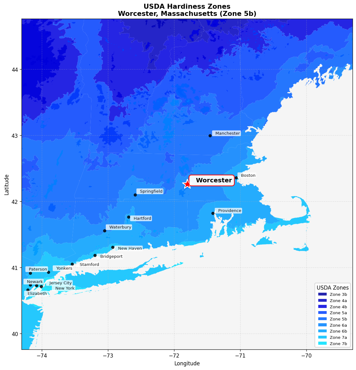 USDA Hardiness Zone 5b Map for Worcester, MA