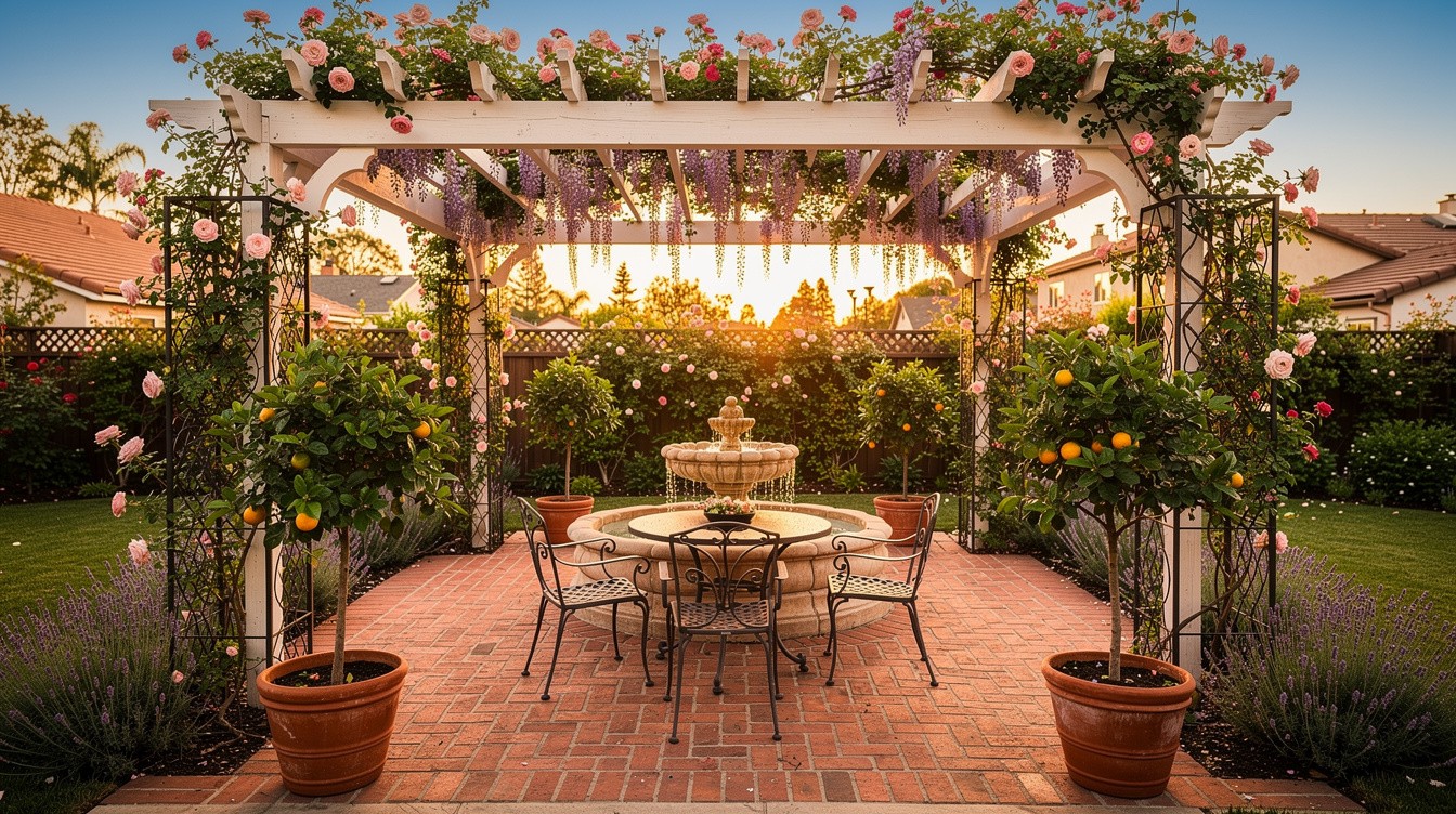 Brick Patio with Pergola and Rose-Covered Arbors — Cottage/English garden in Anaheim
