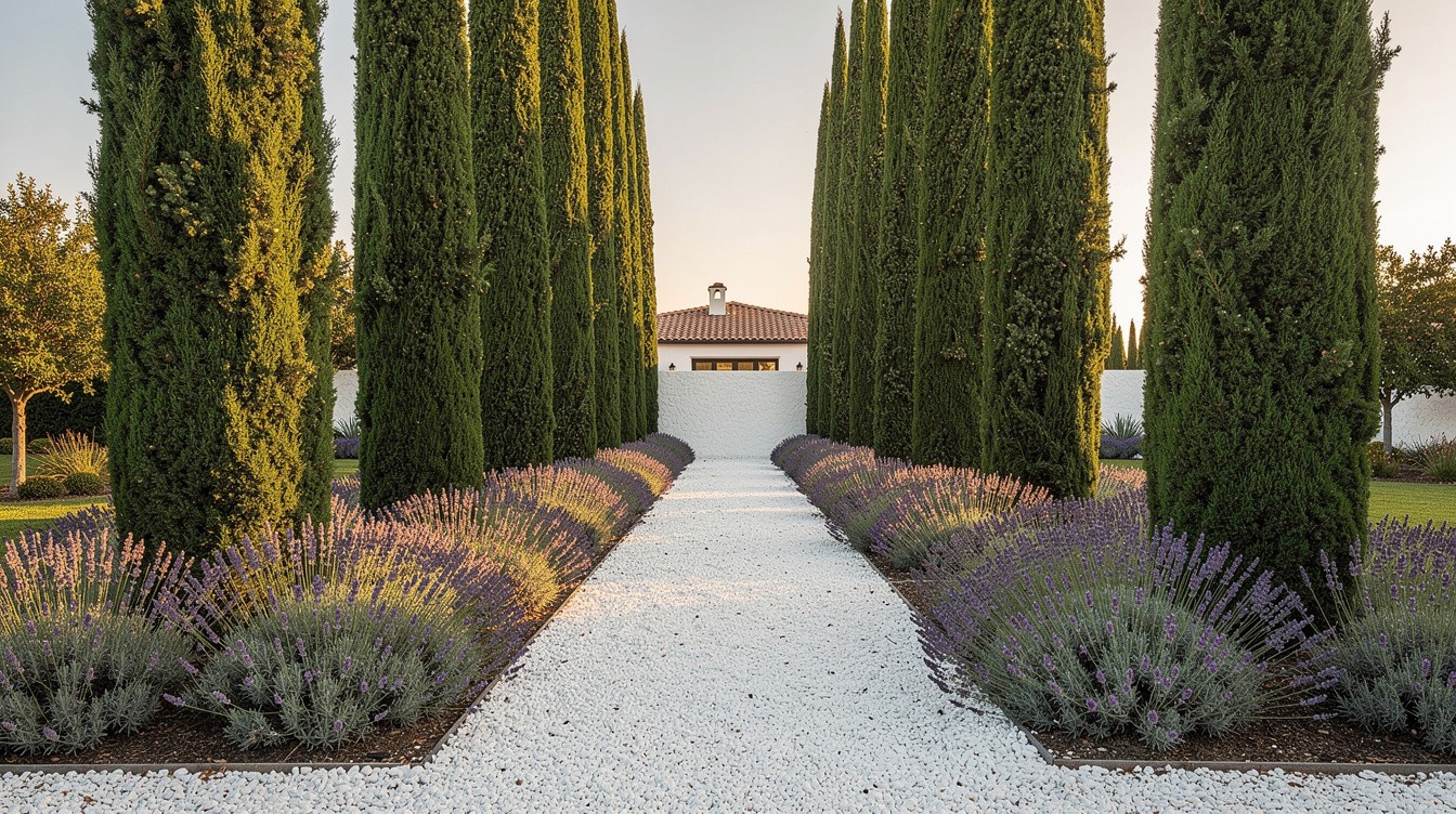 Cypress Allee Entry with Gravel and Lavender — Mediterranean garden in Anaheim